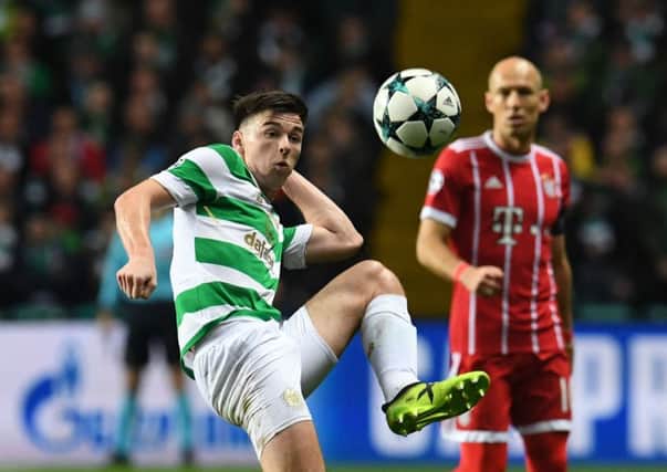 Kieran Tierney did not have as much licence to go forward but was defensively robust against Bayern Munich. Picture: SNS.