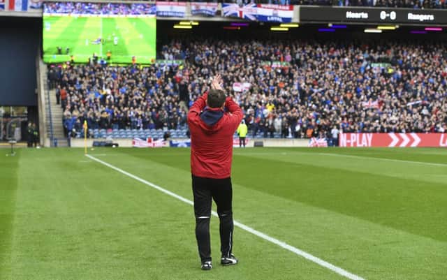 Interim Rangers manager Graeme Murty applauds the fans at full-time after his side's win at Murrayfield. Picture: SNS