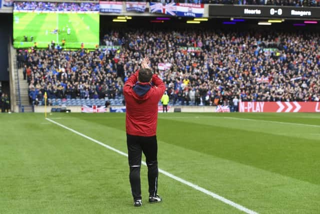 Interim Rangers manager Graeme Murty applauds the fans at full-time after his side's win at Murrayfield. Picture: SNS