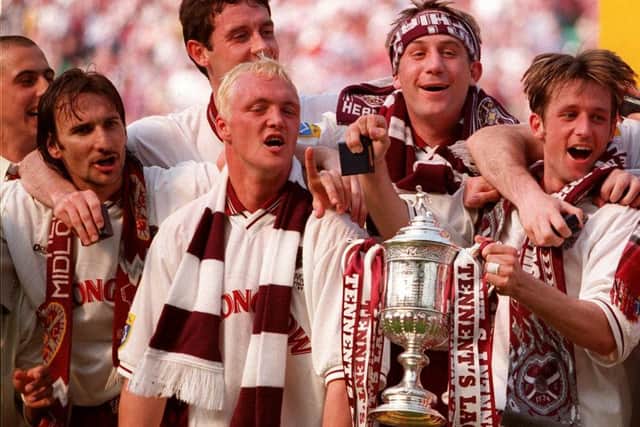 Stefano Salvatori, left, celebrates with his Hearts team-mates after their 1998 Scottish Cup final triumph. Picture: Robert Perry