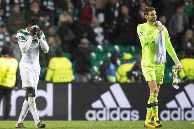 Dedryck Boyata was distraught as he left the pitch with Craig Gordon at full-time. Picture: SNS