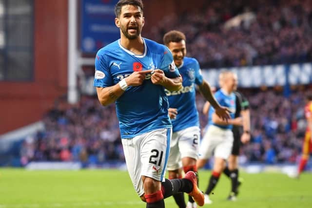Rangers' Daniel Candeias celebrates after his goal makes it 2-0. Picture: SNS/Rob Casey