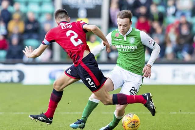 Hibs Brandon barker takes on Dundee's Cammy Kerr. Picture: SNS/Alan Rennie