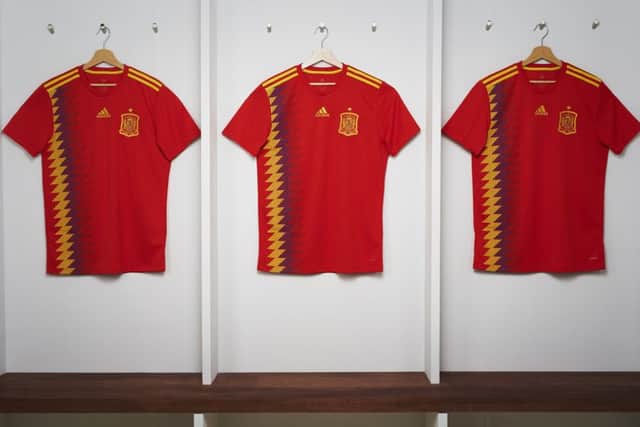 The new Spain jersey that will be used in the World Cup has sparked controversy after being linked to the Republican flag of the 1930s. Picture: Jose F. Vallejo/Adidas via AP)