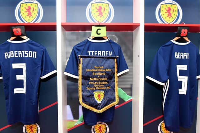 Kieran Tierney's strip and captain's armband hangs in the Scotland dressing room at Pittodrie. Picture: Craig Williamson/SNS