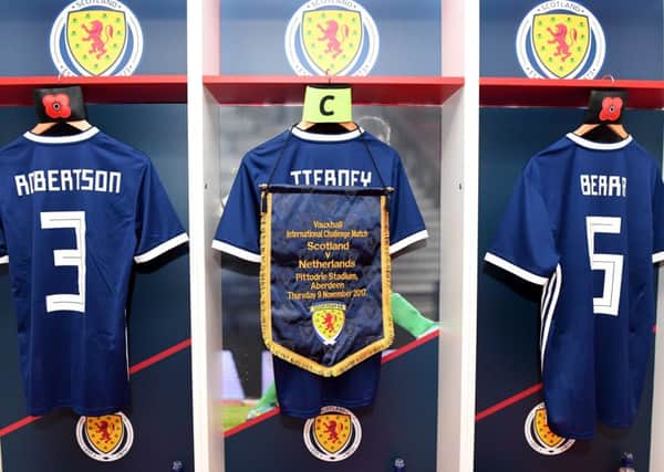 Kieran Tierney's strip and captain's armband hangs in the Scotland dressing room at Pittodrie. Picture: Craig Williamson/SNS