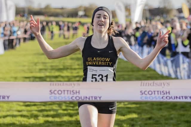 Laura Muir crosses the line to take the Scottish short-course cross country title, again. Photograph: Bobby Gavin