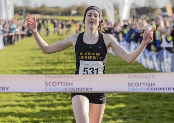 Laura Muir crosses the line to take the Scottish short-course cross country title, again. Photograph: Bobby Gavin