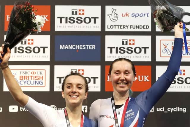 Great Britain's Katie Archibald and Elinor Barker won the Madison at the UCI Track Cycling World Cup in Manchester. Picture: Martin Rickett/PA Wire