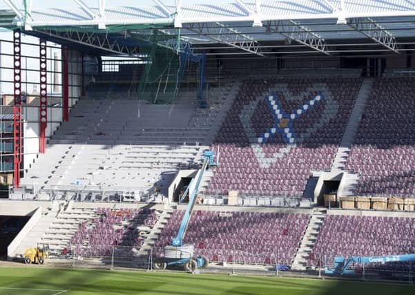 Hearts still hope to have Tynecastle ready for the visit of Partick Thistle on Sunday. This picture, taken on 12 November, shows the work taking place on the new main stand. Picture: Rob Casey/SNS