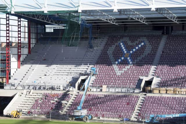 Hearts still hope to have Tynecastle ready for the visit of Partick Thistle on Sunday. This picture, taken on 12 November, shows the work taking place on the new main stand. Picture: Rob Casey/SNS