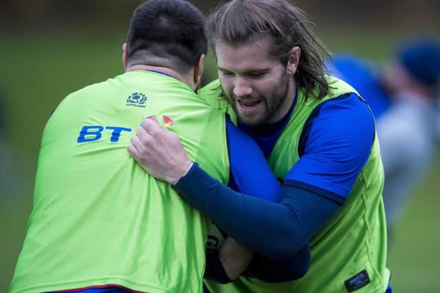 Scotland lock
Ben Toolis, right, during a training session. Picture: Craig Watson