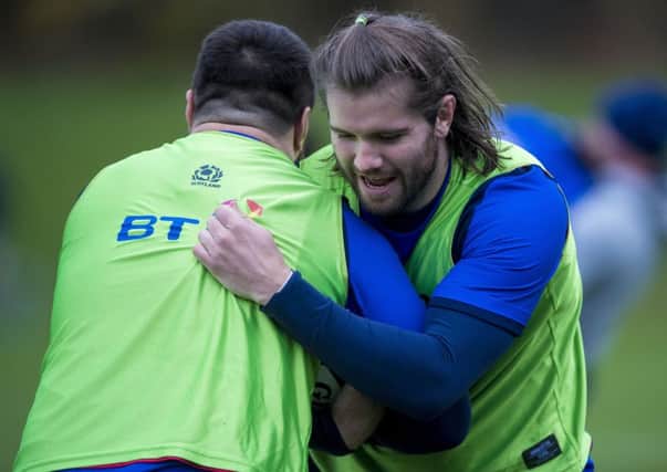 Scotland lock Ben Toolis, right, during a training session. Picture: Craig Watson