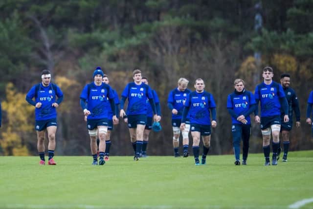 The Scotland players make their way onto the training field at Oriam. Picture: SNS Group
