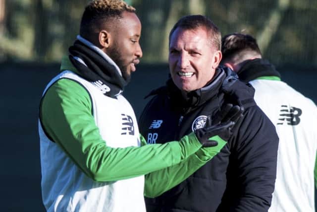 Celtic manager Brendan Rodgers, right, with Moussa Dembele. Picture: SNS