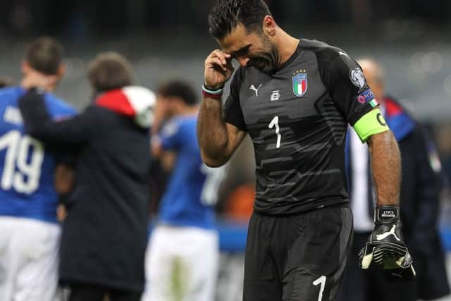 Gianluigi Buffon tried to fight back the tears after Italy's defeat by Sweden spelled the end of his international career. Picture: Marco Luzzani/Getty Images