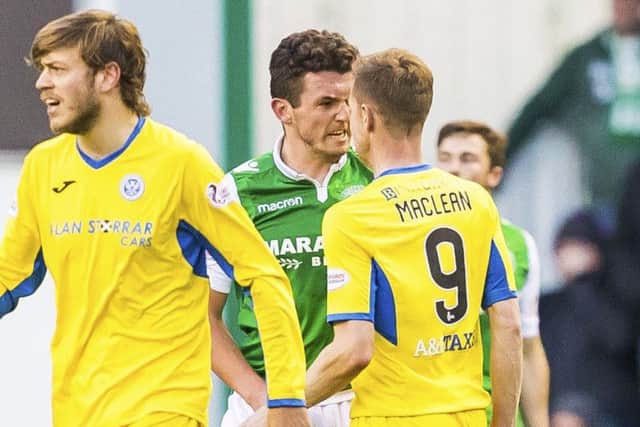 Hibernian's John McGinn squares up to St Johnstone superstar Steven Maclean. Picture: SNS/Roddy Scott