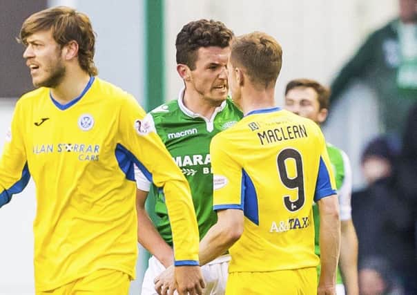 Hibernian's John McGinn squares up to St Johnstone superstar Steven Maclean. Picture: SNS/Roddy Scott