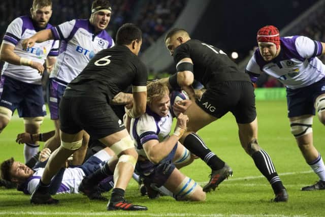 Scotland's Jonny Gray scores a try. Picture: SNS/SRU Bill Murray