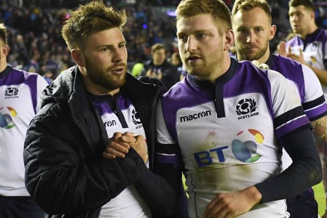 Scotland's Ali Price, left, and Finn Russell at full-time. Picture: SNS/SRU