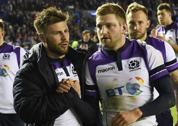 Scotland's Ali Price, left, and Finn Russell at full-time. Picture: SNS/SRU