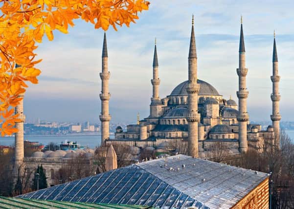 Sultanahmet's Blue Mosque in autumn with yellow leaves, Istambul.