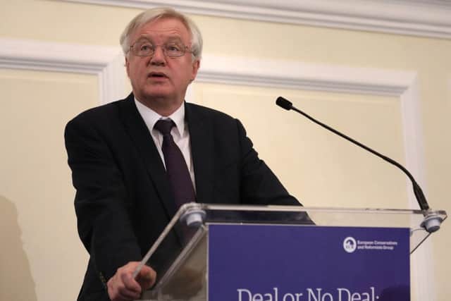 Brexit Secretary David Davis speaks to the ECR Deal or No Deal conference before tripping as he exited. Picture: Philip Toscano/PA Wire
