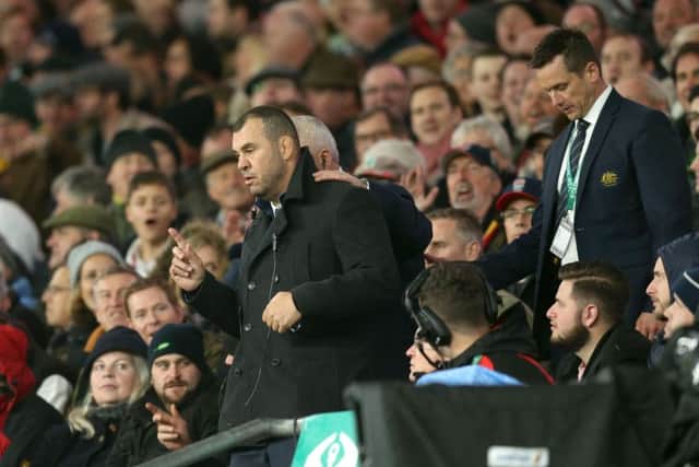 Australia's head coach Michael Chieka leaves the technical box after his side have a try disallowed against England at Twickenham. Picture: Paul Harding/PA Wire