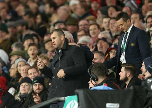 Australia's head coach Michael Chieka leaves the technical box after his side have a try disallowed against England at Twickenham. Picture: Paul Harding/PA Wire