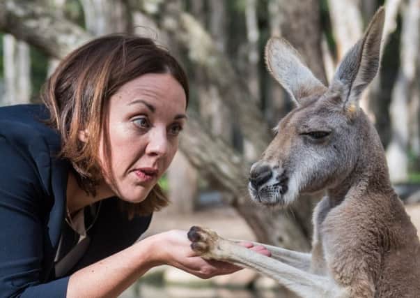 Kezia Dugdale feeds a kangaroo at Currumbin Wildlife Sanctuary in Australia ahead of her I'm a Celebrity debut. Picture: Contributed