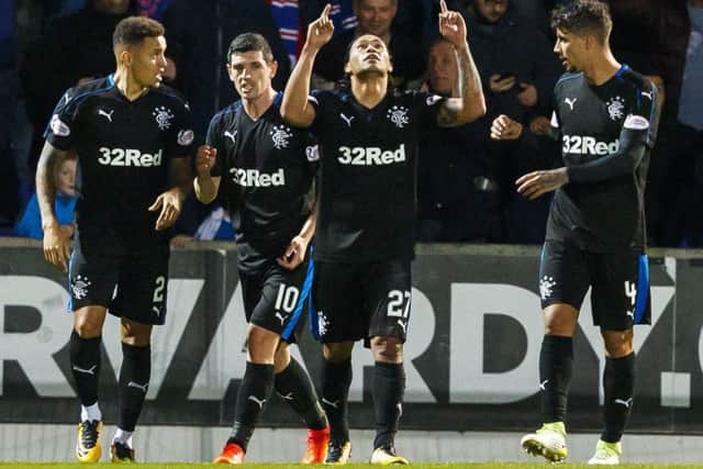 The Mexican midfielder celebrates scoring the opener for Rangers away to St Johnstone on October 13. Picture: SNS Group