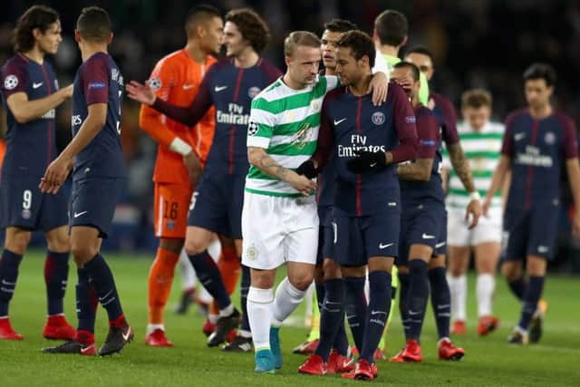 Leigh Griffiths congratulates Neymar after the match. Picture: Getty Images