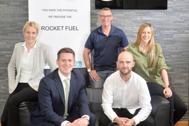 Moonshot and Harper Macleod launched their partnership at the law firms Edinburgh office, with (from left) Jo Nisbet, Martin Darroch, Jim Duffy, Al Walker and Sharon Mars. Photograph: Julie Howden
