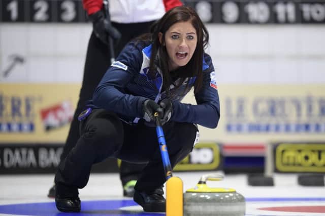 Eve Muirhead watches her stone head up the ice during yesterdays semi-final victory over Switzerland in the European Curling Championships. Picture: AP