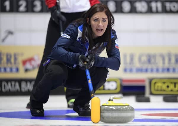 Eve Muirhead watches her stone head up the ice during yesterdays semi-final victory over Switzerland in the European Curling Championships. Picture: AP