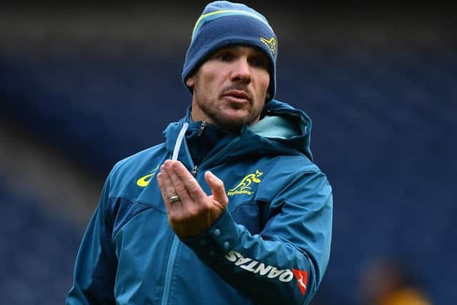 Nathan Grey, defence coach of Australia, instructs his team during the Australia Captain's Run at Murrayfield. Picture: Getty Images
