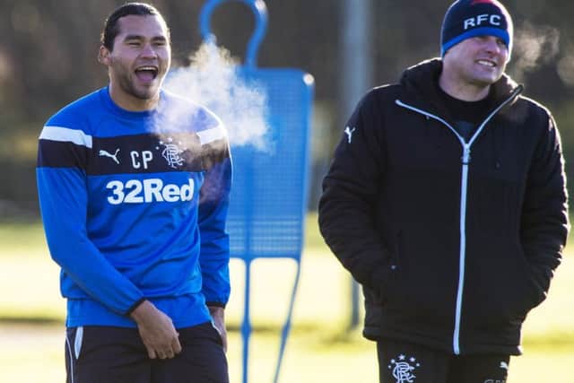 Carlos Pena, seen here with Graeme Murty, is back in the Rangers matchday squad for the first time in over a month. Picture: SNS Group