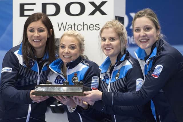 Scotland's victorious team, skip Eve Muirhead, third Anna Sloan, second Victoria Adams, and lead Lauren Gray. Picture: Gian Ehrenzeller/Keystone via AP