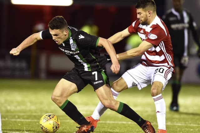 Hamilton's Antonio Rojano challenges John McGinn. Picture: SNS/Rob Casey