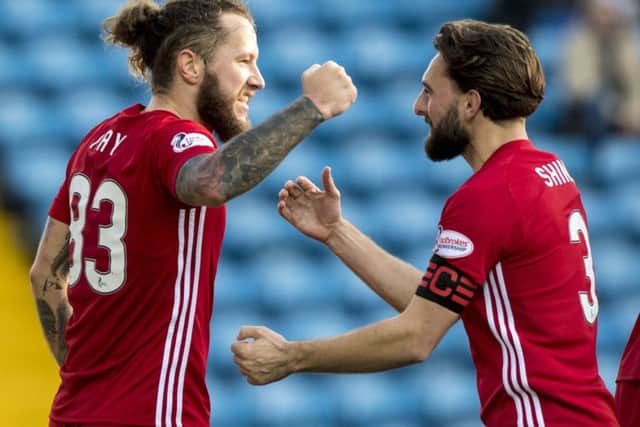 Aberdeen's Stevie May (left) celebrates his goal with Graeme Shinnie. Picture: SNS