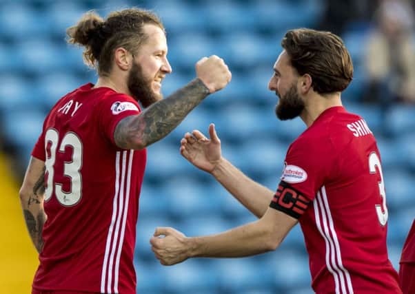 Aberdeen's Stevie May (left) celebrates his goal with Graeme Shinnie. Picture: SNS