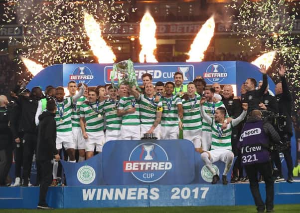 Celtic lift the Betfred Cup after defeating Motherwell at Hampden Park. Picture: Getty