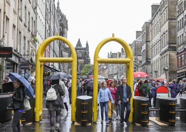 High security barriers installed on Edinburgh's Royal Mile to prevent terrorists from ramming vehicles into pedestrians.