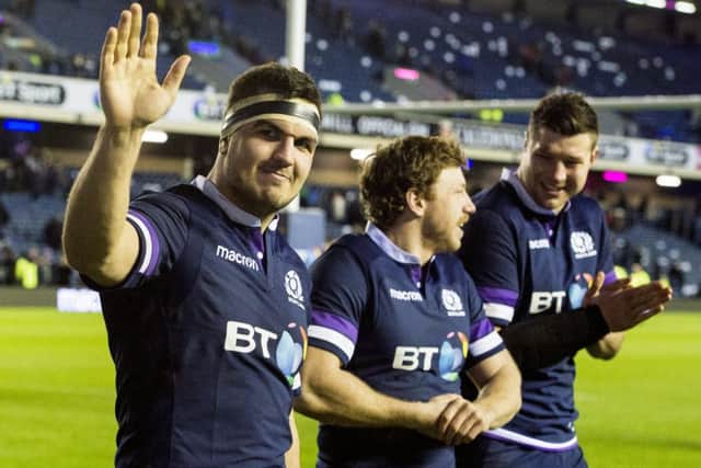 Stuart McInally acknowledges the fans at full time. Picture: SNS Group
