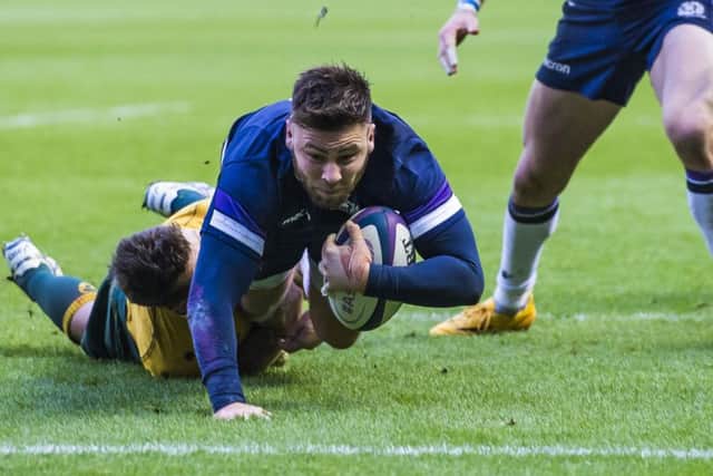 Price scores Scotland's second try against the Wallabies. Picture: SNS Group