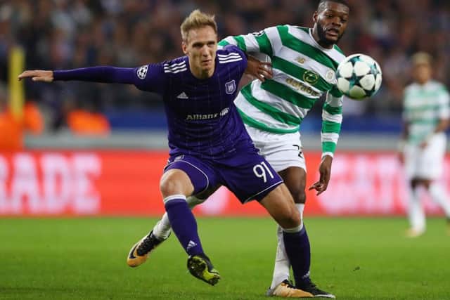 Olivier Ntcham of Celtic closes down Lukasz Teodorczyk of Anderlecht during the match in Brussels. Picture: Getty Images