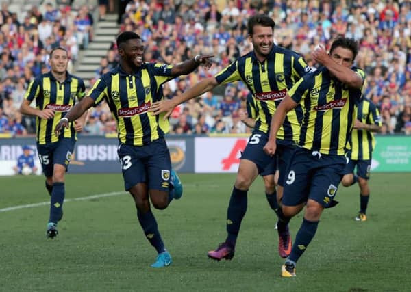 Central Coast Mariners celebrate Felix Asdruval's goal against Newcastle Jets at the Central Coast Stadium in October. Picture: Getty Images