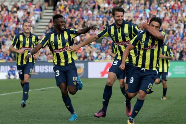 Central Coast Mariners celebrate Felix Asdruval's goal against Newcastle Jets at the Central Coast Stadium in October. Picture: Getty Images