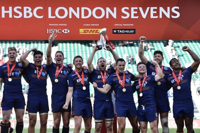 The Scotland team celebrate their victory in last seasons London Sevens tournament at Twickenham. Picture: Getty.