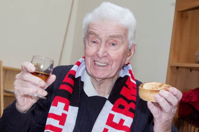 James Crombie, one of the oldest football fans in the UK, who credited his long life to a "wee bit of brandy" and mince pies, has sadly passed away at the age of 108. Picture: SWNS